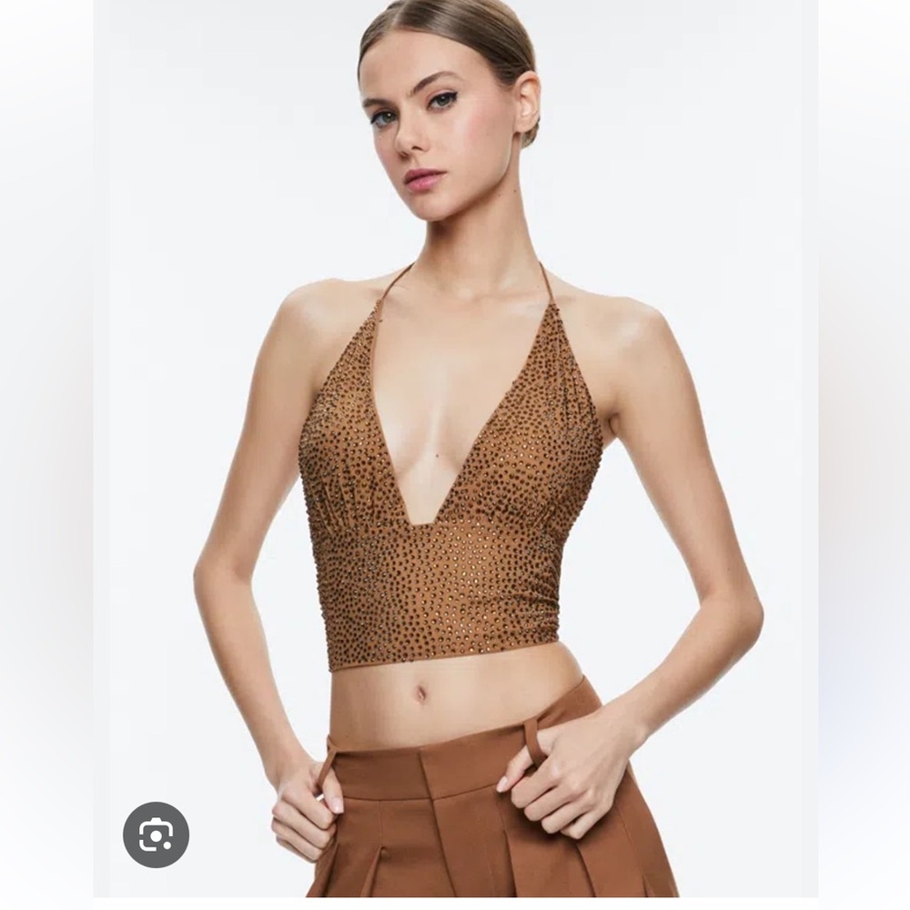 Alice and Olivia 	HANNAH EMBELLISHED TOP	TAN/CRYSTAL